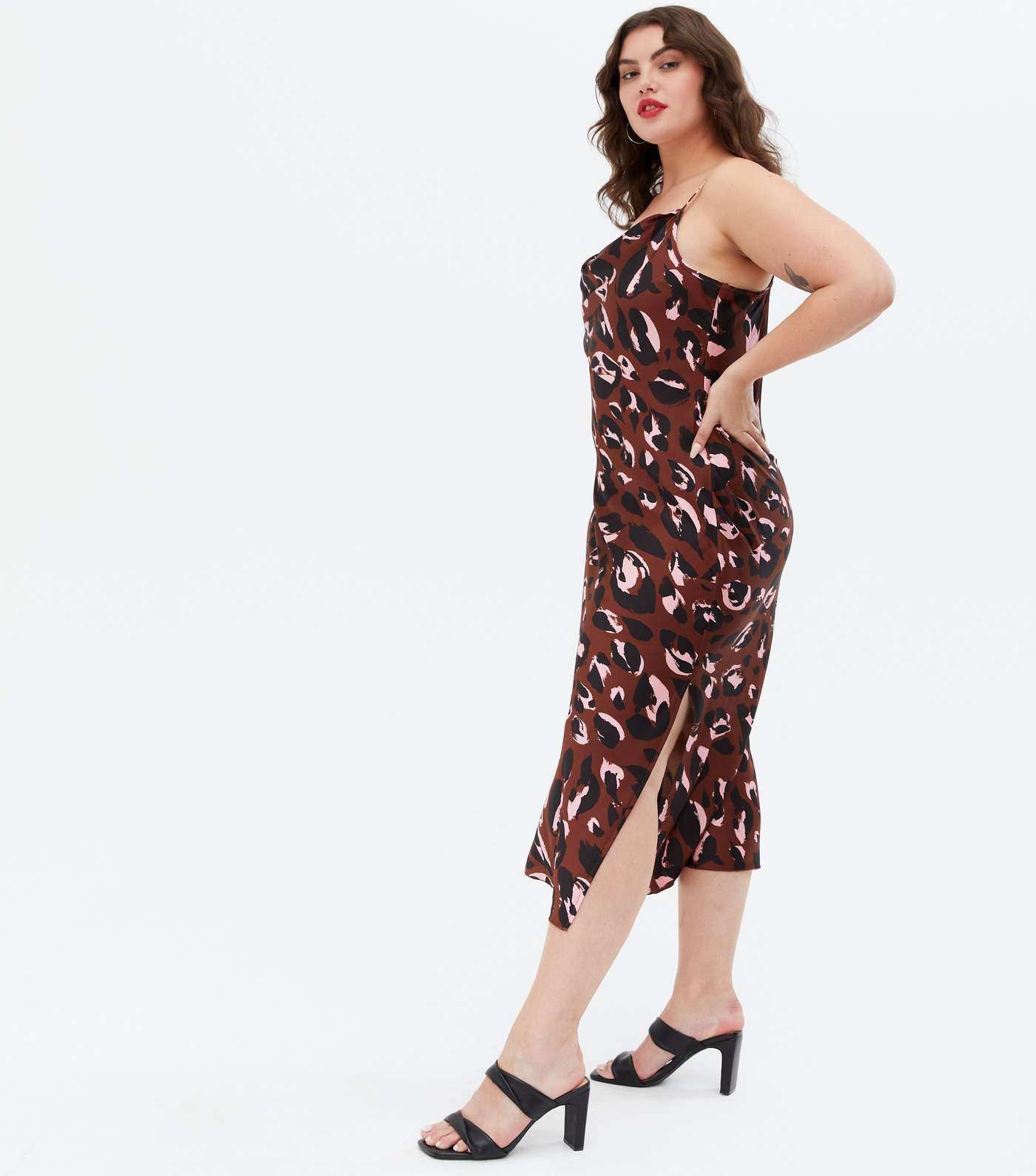 Curves Brown Leopard Print Satin Split Hem Midi Slip Dress Image 3