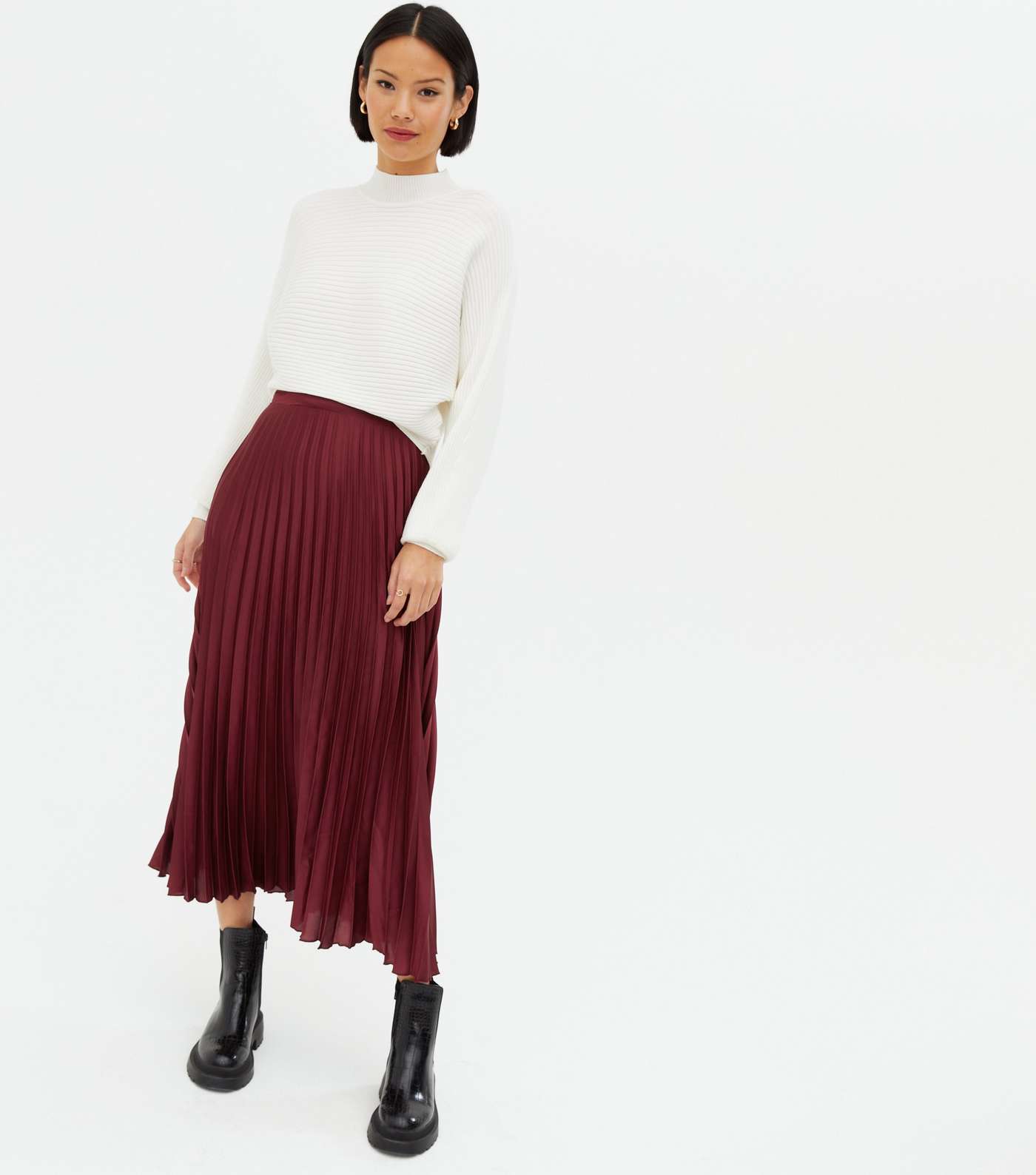 Burgundy Satin High Waist Pleated Midi Skirt
