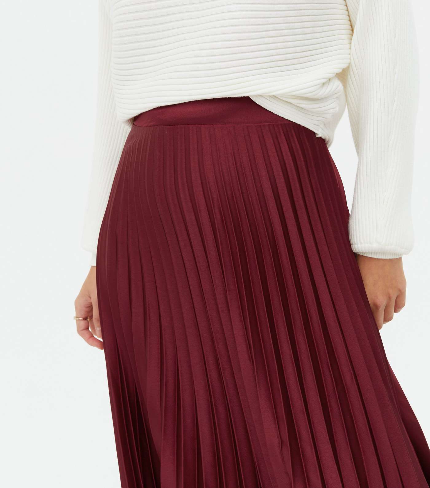 Burgundy Satin High Waist Pleated Midi Skirt Image 3