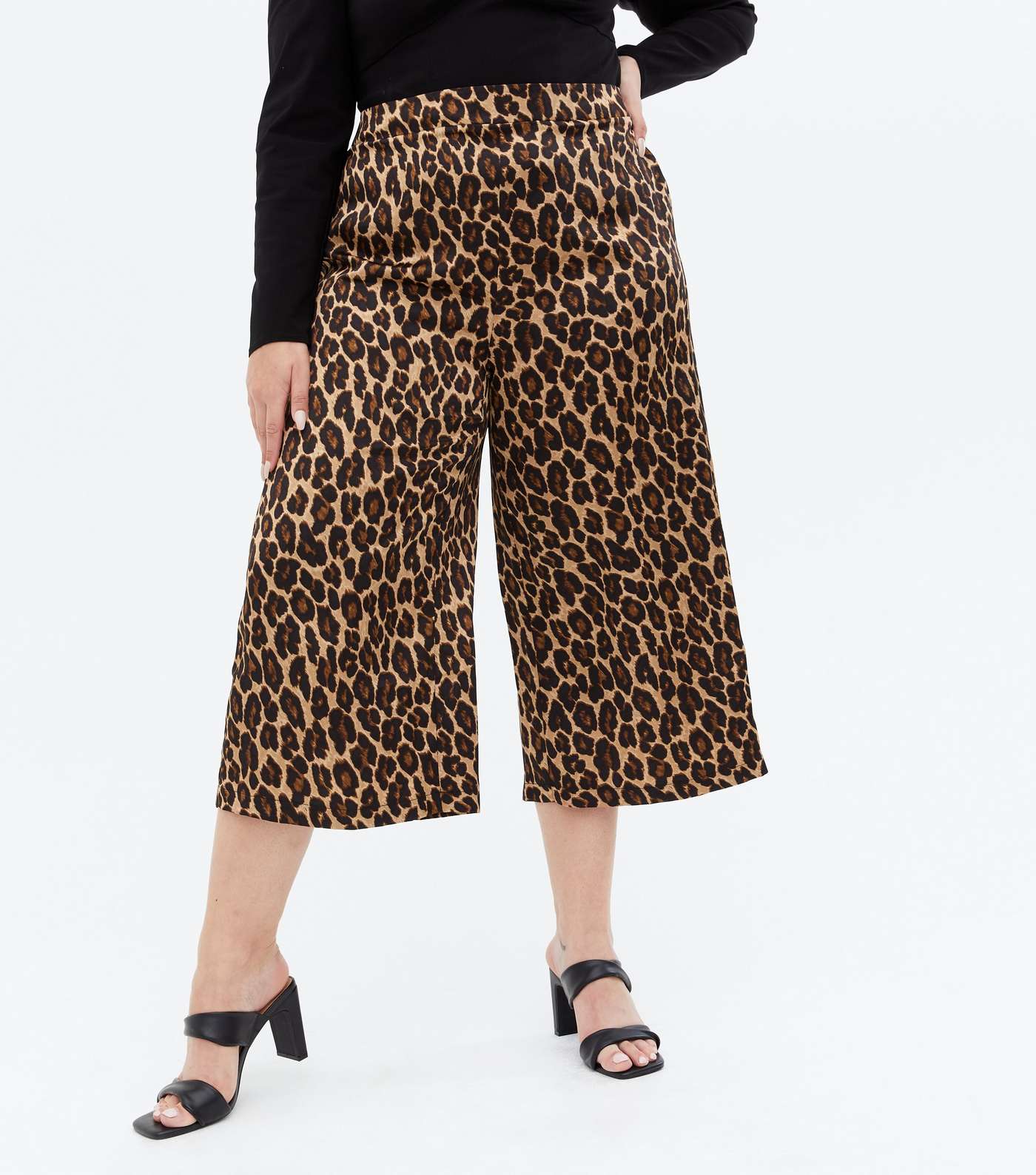 Curves Brown Leopard Print Crop Wide Leg Trousers Image 2