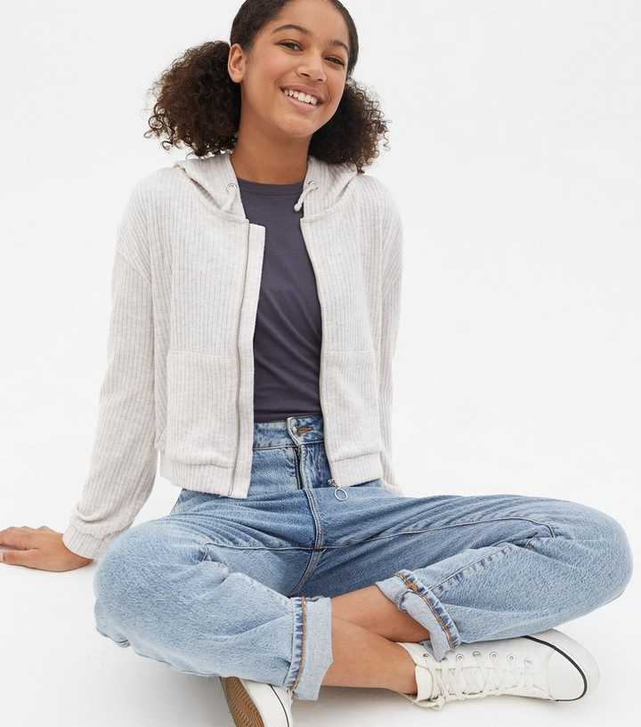 Girls Cream Ribbed Fine Knit Zip Hoodie | New Look