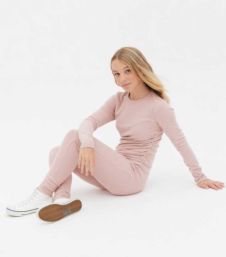 Girls Pale Pink Ribbed Fine Knit Top and Leggings Set
