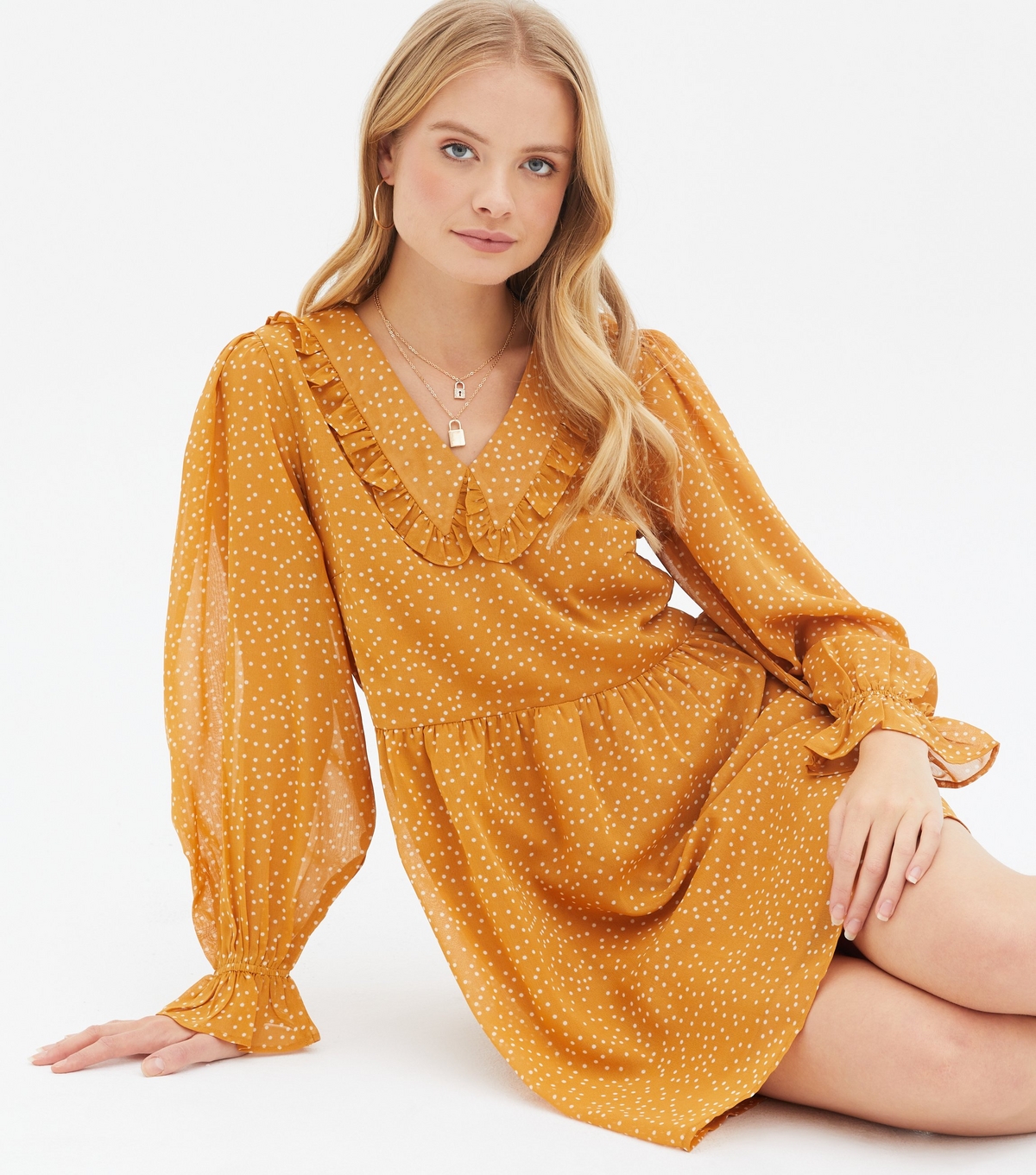 Women's Mustard Spot Frill Collar Mini Dress Wednesday's Girl New Look
