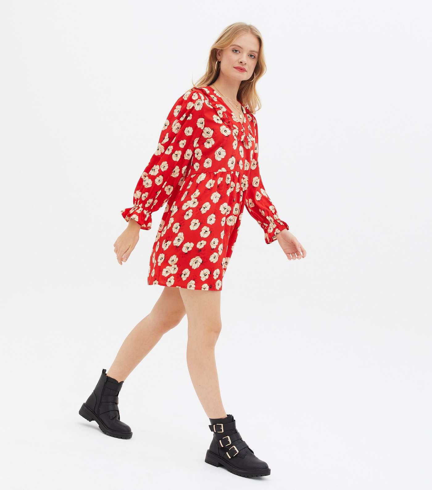 Wednesday's Girl Red Floral Frill Collar Mini Dress Image 2