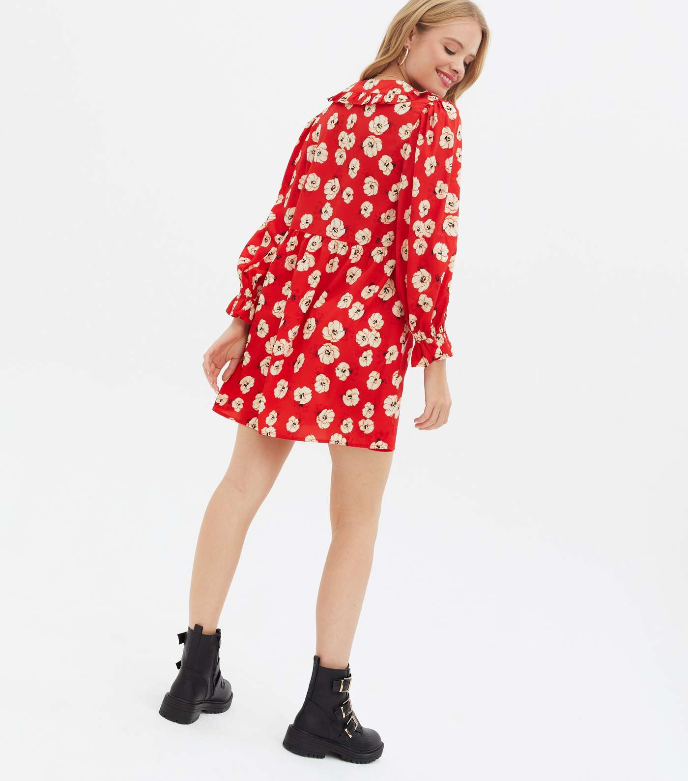 Wednesday's Girl Red Floral Frill Collar Mini Dress Image 4