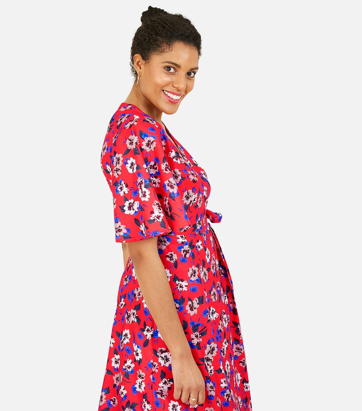 Yumi Red Floral Flutter Sleeve Midi Wrap Dress Image 2
