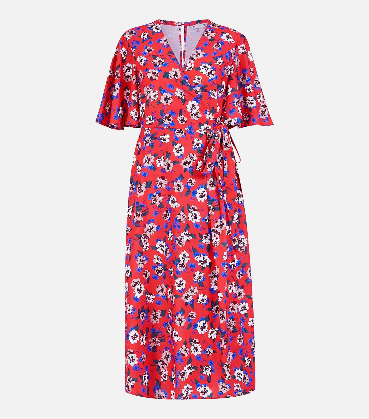 Yumi Red Floral Flutter Sleeve Midi Wrap Dress Image 4