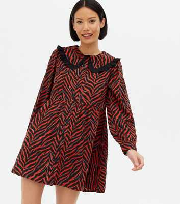 Wednesday's Girl Red Zebra Frill Collar Mini Smock Dress