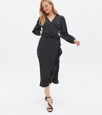 Wednesdays Girl Black Spot Frill Midi Wrap Dress New Look