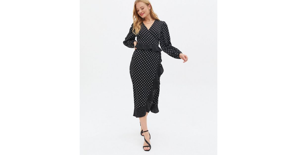 Wednesday's Girl Black Spot Frill Midi Wrap Dress | New Look