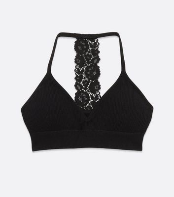Black Ribbed Lace Racer Back Seamless Crop Top Bra