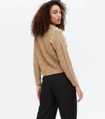 Camel Cable Knit Polo Jumper New Look