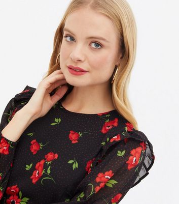 Click to view product details and reviews for Wednesdays Girl Black Floral Spot Chiffon Mini Dress New Look.