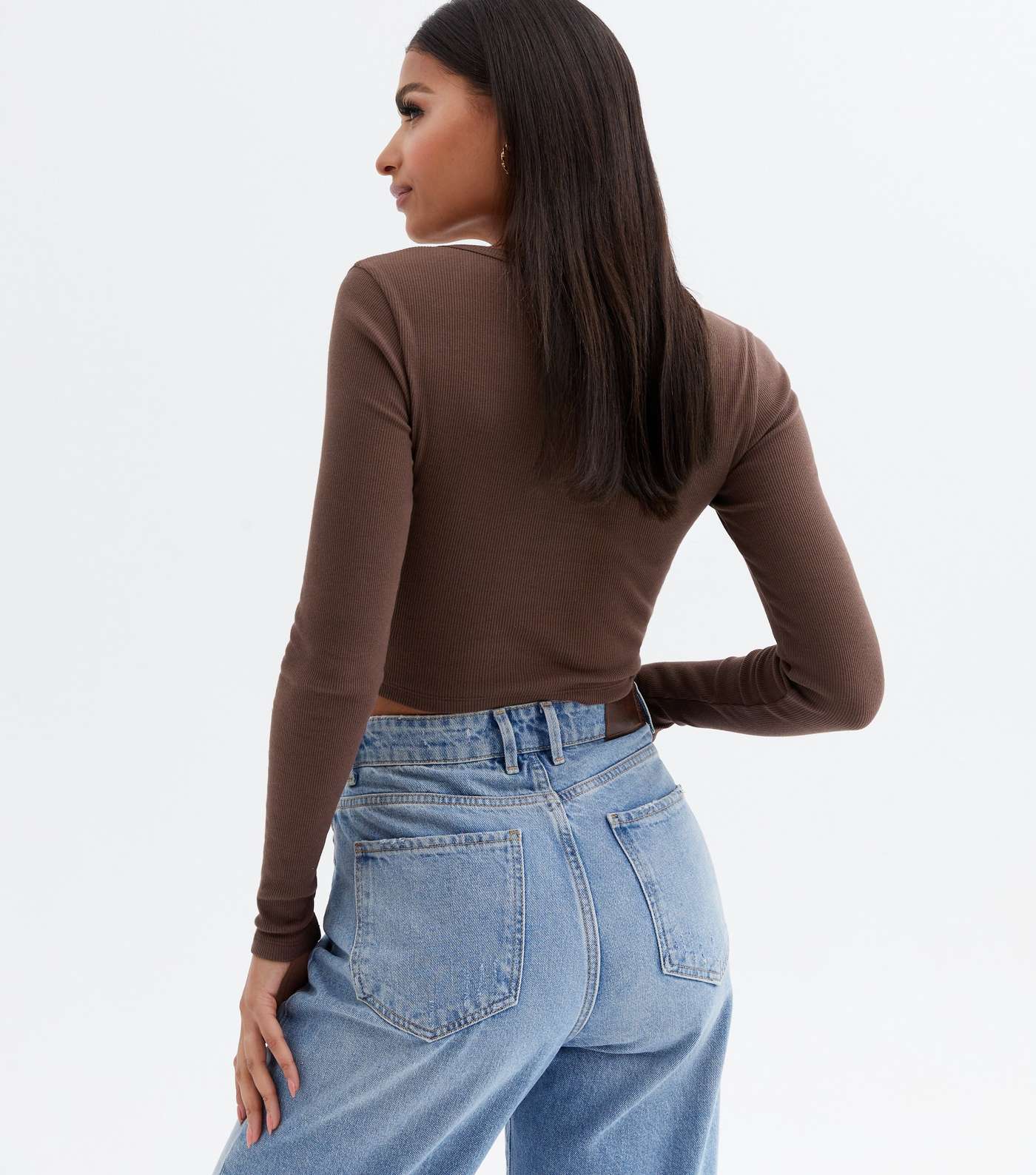 Dark Brown Ribbed Ruched Button Front Long Sleeve Crop Top Image 4