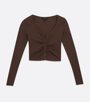 Dark Brown Ribbed Ruched Button Front Long Sleeve Crop Top | New Look