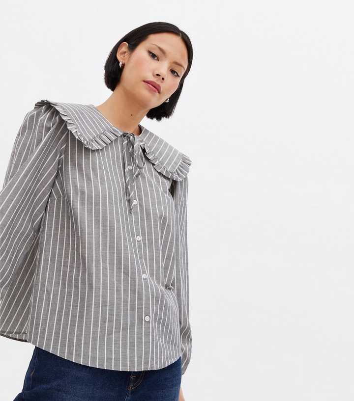 Light Grey Stripe Frill Collar Long Sleeve Shirt