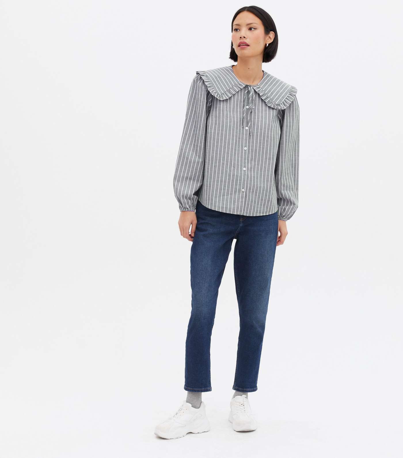 Light Grey Stripe Frill Collar Long Sleeve Shirt Image 2
