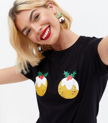 Black Glitter Christmas Pudding T-Shirt 