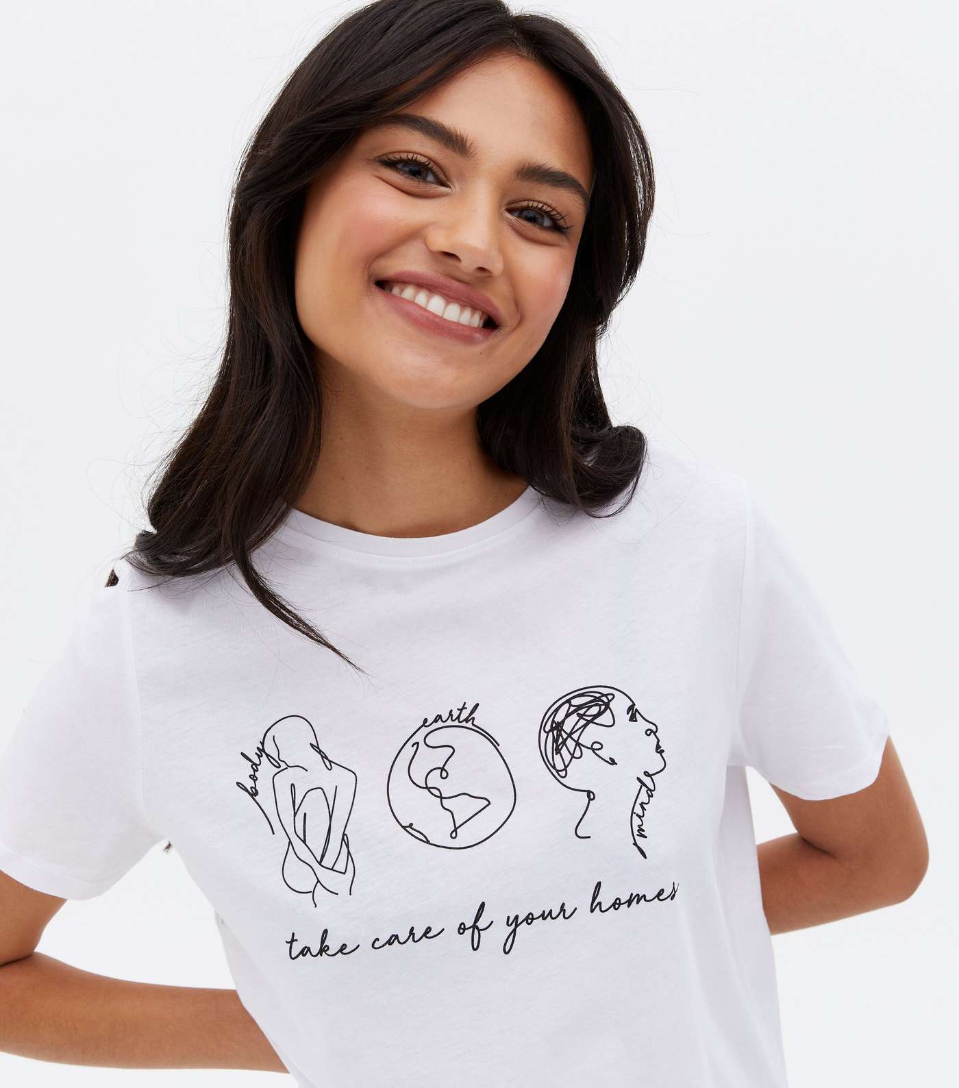 White Take Care Body Earth Mind Logo T-Shirt