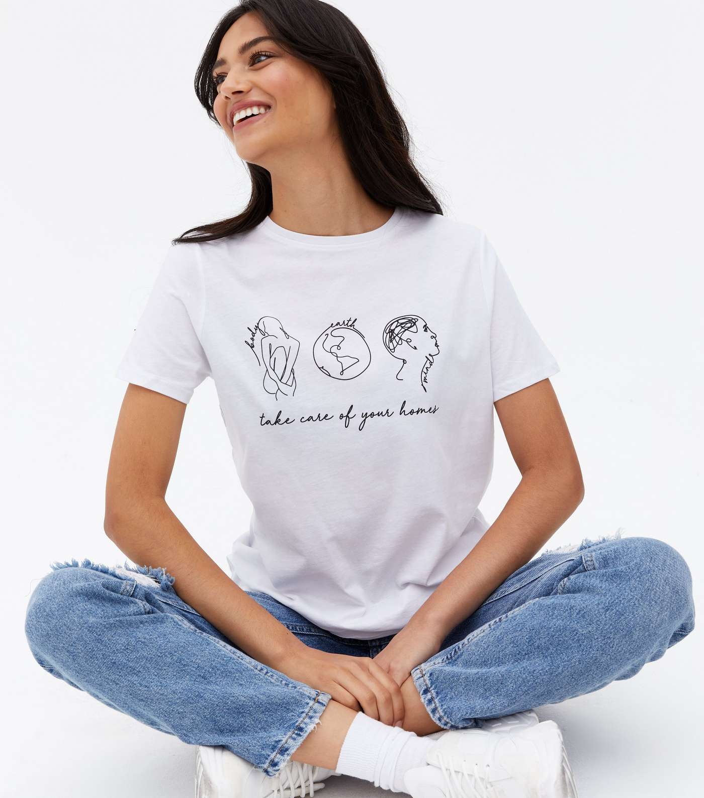 White Take Care Body Earth Mind Logo T-Shirt Image 3
