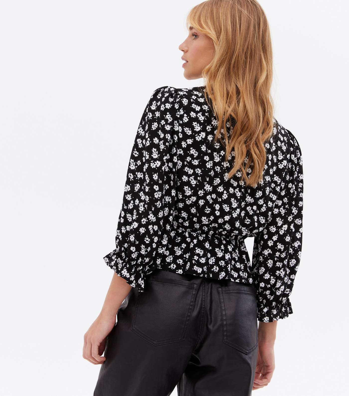 Black Ditsy Floral Ruched Tie Front Blouse Image 4