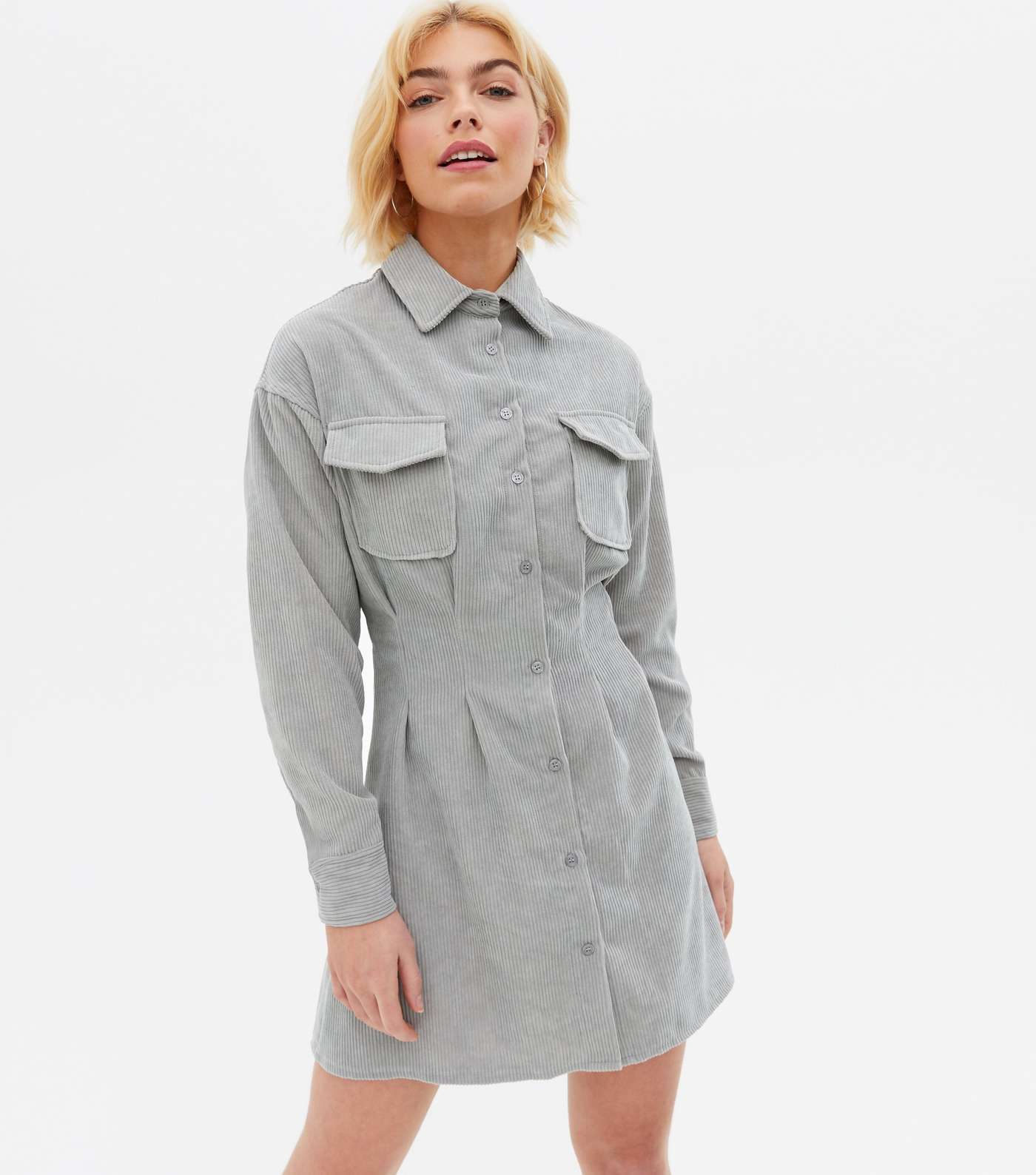 Grey Cord Darted Mini Shirt Dress