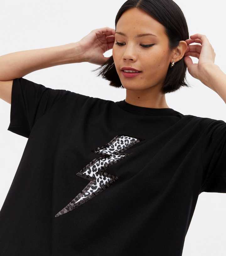 Black Leopard Print Sequin Lightning Bolt T-Shirt