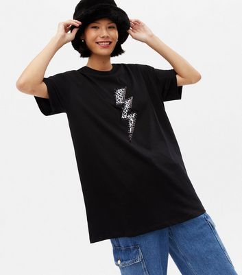 Black Leopard Print Sequin Lightning Bolt T Shirt New Look