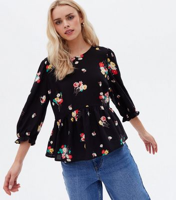 Petite Black Floral Tie Back Peplum 
