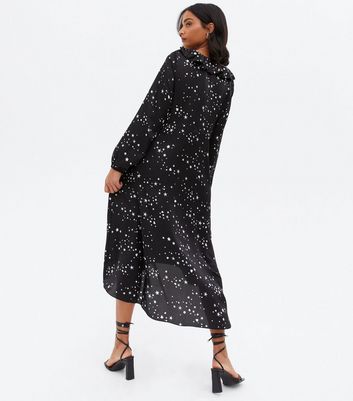 Maternity Black Star Satin Frill Long Sleeve Midi Dress New Look