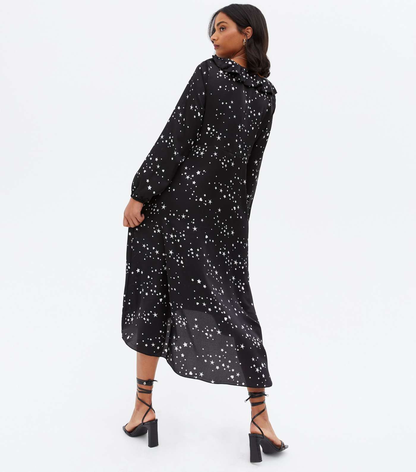 Maternity Black Star Satin Frill Long Sleeve Midi Dress Image 4