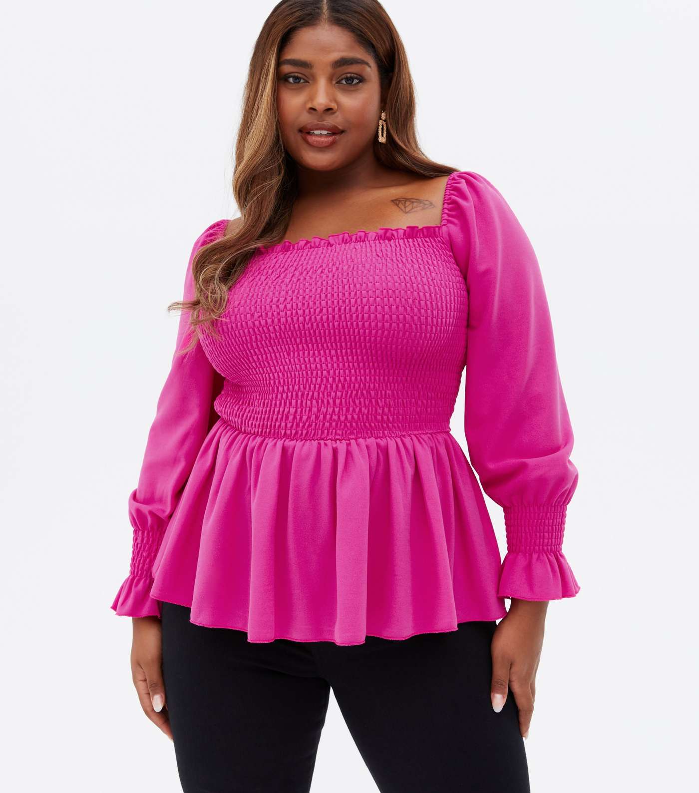 Curves Bright Pink Shirred Square Neck Peplum Blouse Image 2