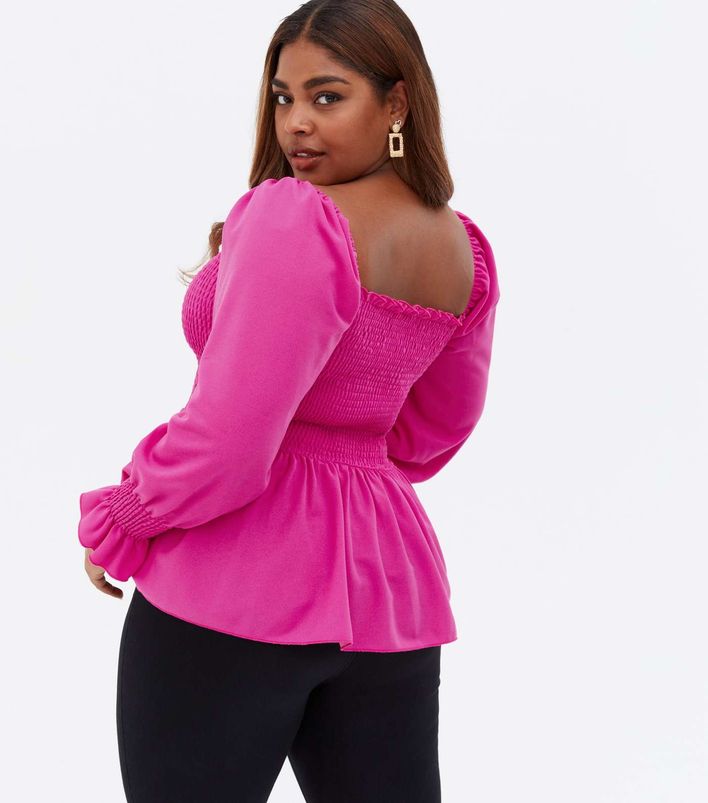 Curves Bright Pink Shirred Square Neck Peplum Blouse Image 4