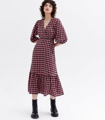 Click to view product details and reviews for Pink Gingham Tiered Midi Wrap Dress New Look.