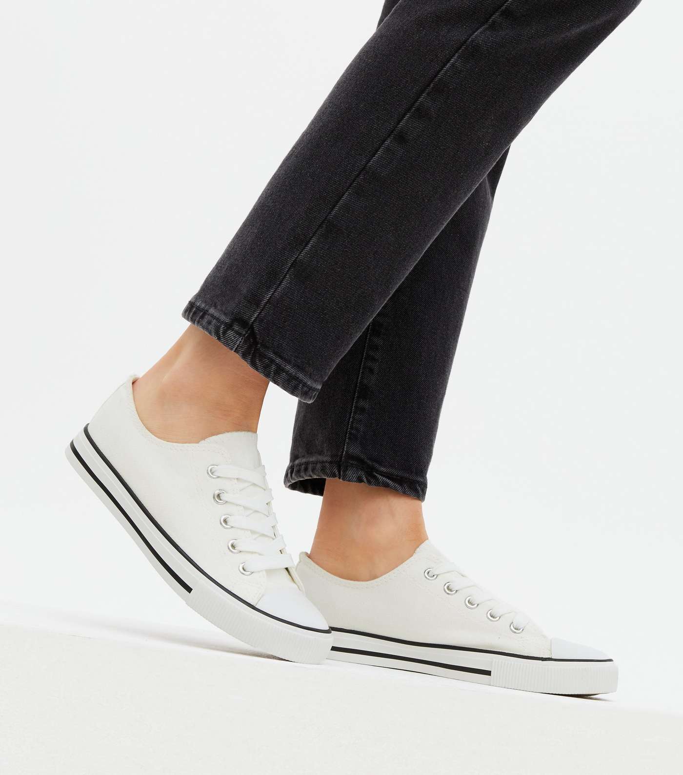 White Stripe Canvas Lace Up Trainers Image 2