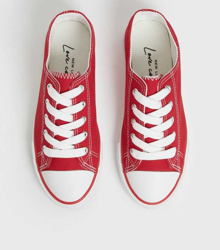 Red Stripe Canvas Lace Up Trainers | New Look
