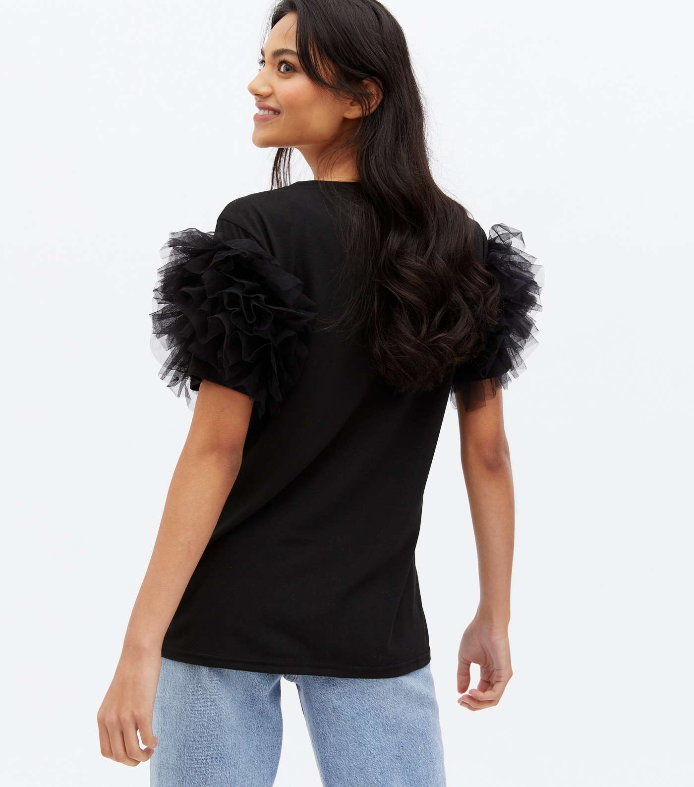 Black Mesh Puff Sleeve Couture Diamanté Logo T-Shirt Image 4