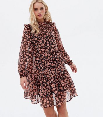 Click to view product details and reviews for Petite Black Floral Chiffon Yoke Frill Mini Smock Dress New Look.