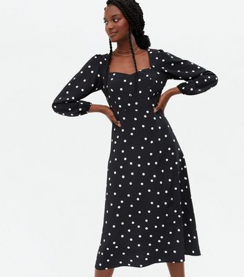 Black Spot Sweetheart Long Sleeve Midi Dress New Look