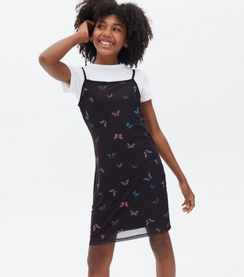 Girls Black Butterfly Mesh 2-in-1 Pinafore Dress