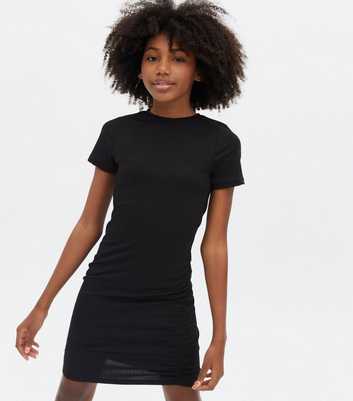 Girls Black Ribbed Jersey Ruched Mini Dress