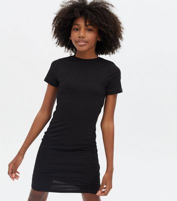 Girls Black Ribbed Jersey Ruched Mini Dress New Look