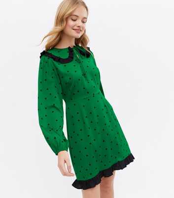 Green Spot Frill Collar Long Sleeve Mini Dress
