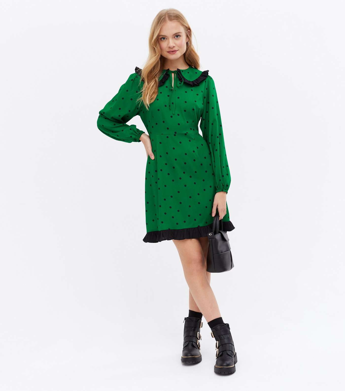 Green Spot Frill Collar Long Sleeve Mini Dress Image 2