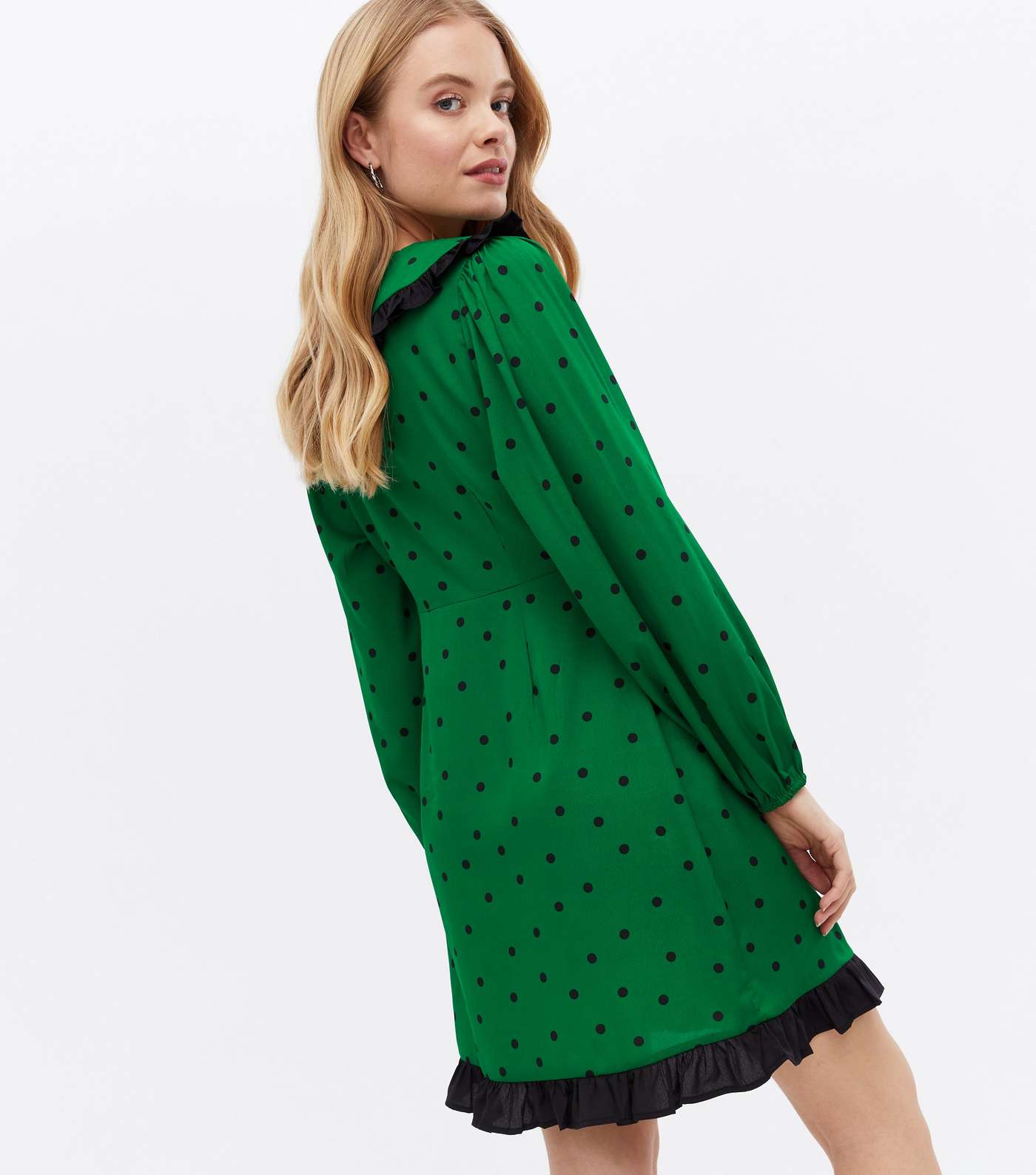 Green Spot Frill Collar Long Sleeve Mini Dress Image 4