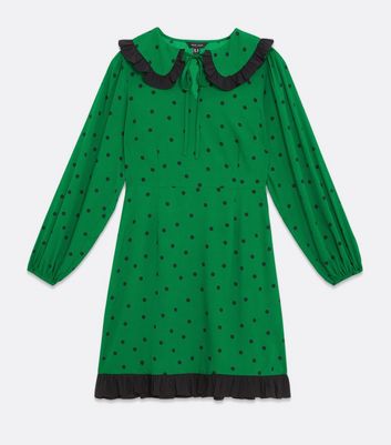 Green Spot Frill Collar Long Sleeve Mini Dress New Look