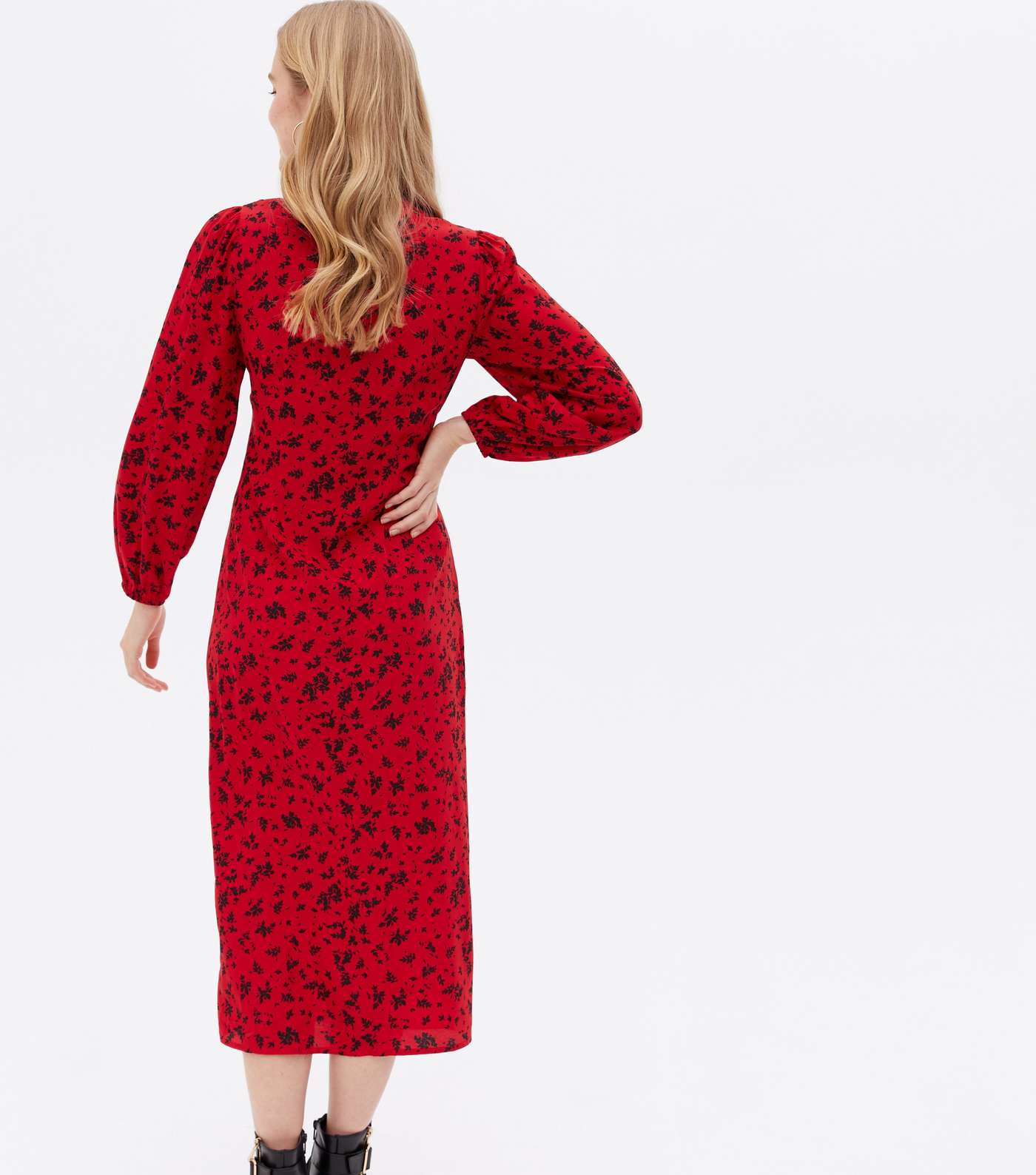 Red Ditsy Floral Crepe Ruched Button Midi Dress Image 4