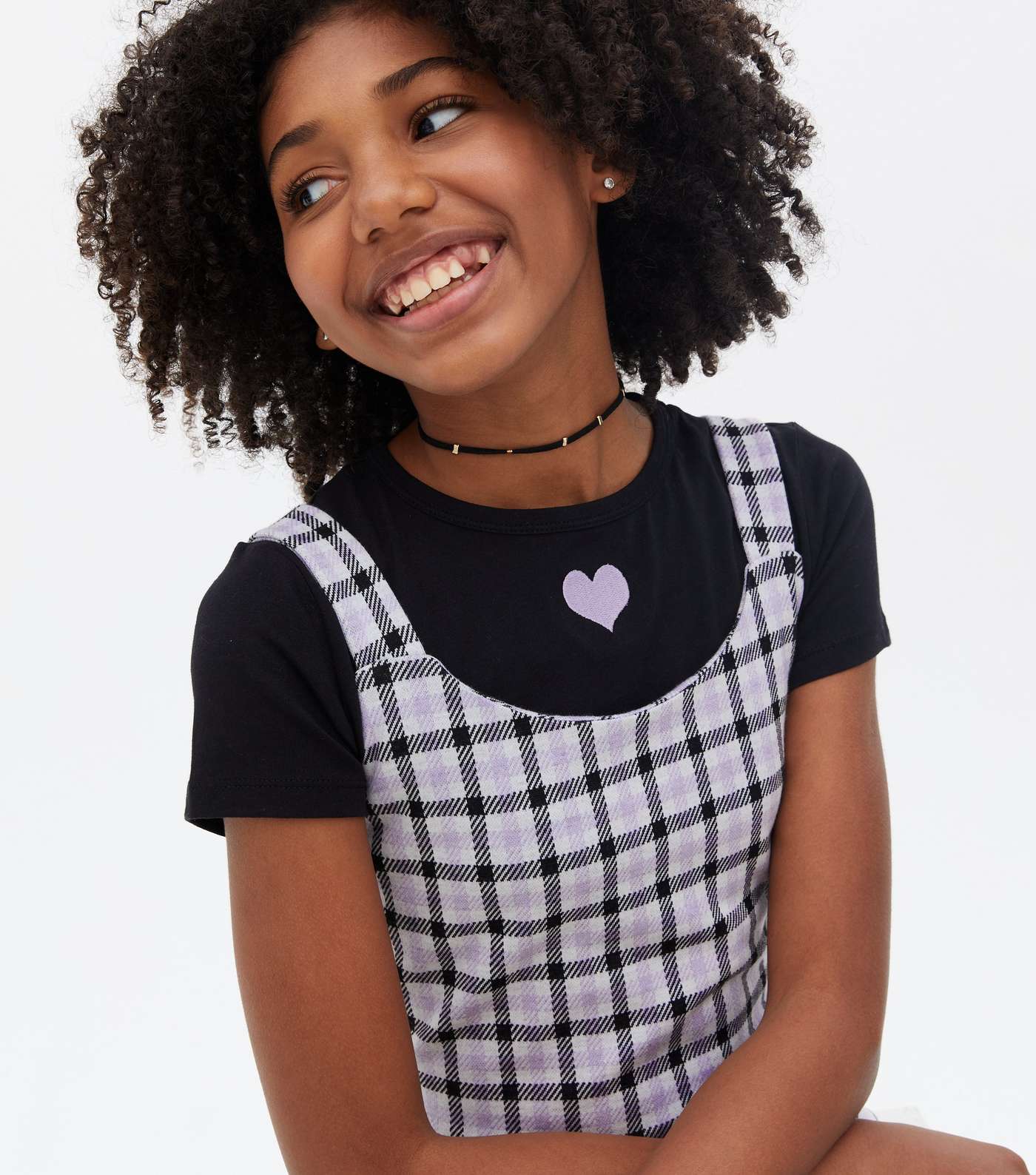 Girls Purple Check 2-in-1 Pinafore Dress Image 3