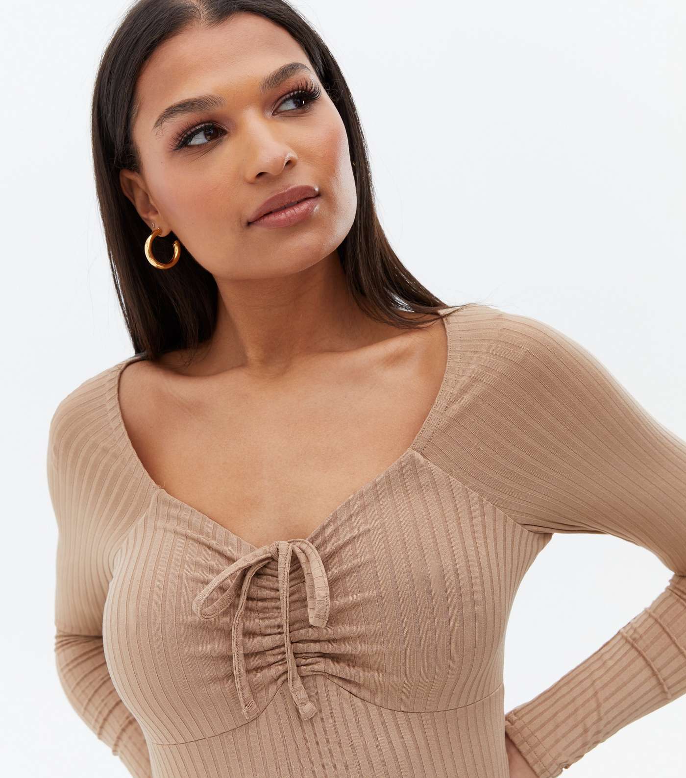 Tan Ribbed Tie Front Long Sleeve Bodysuit Image 3