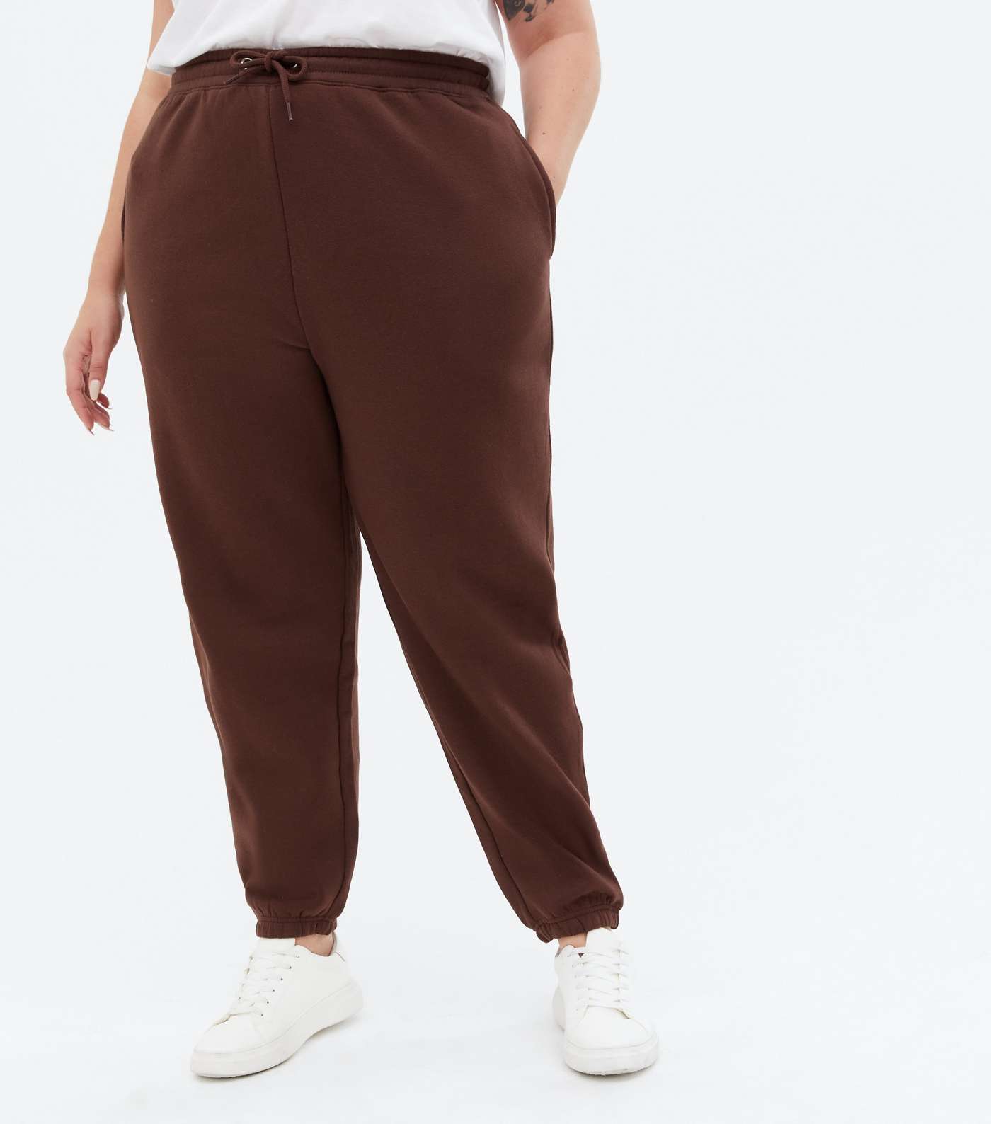 Curves Brown Tie Waist Cuffed Joggers Image 2